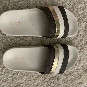 MK white and gold slides